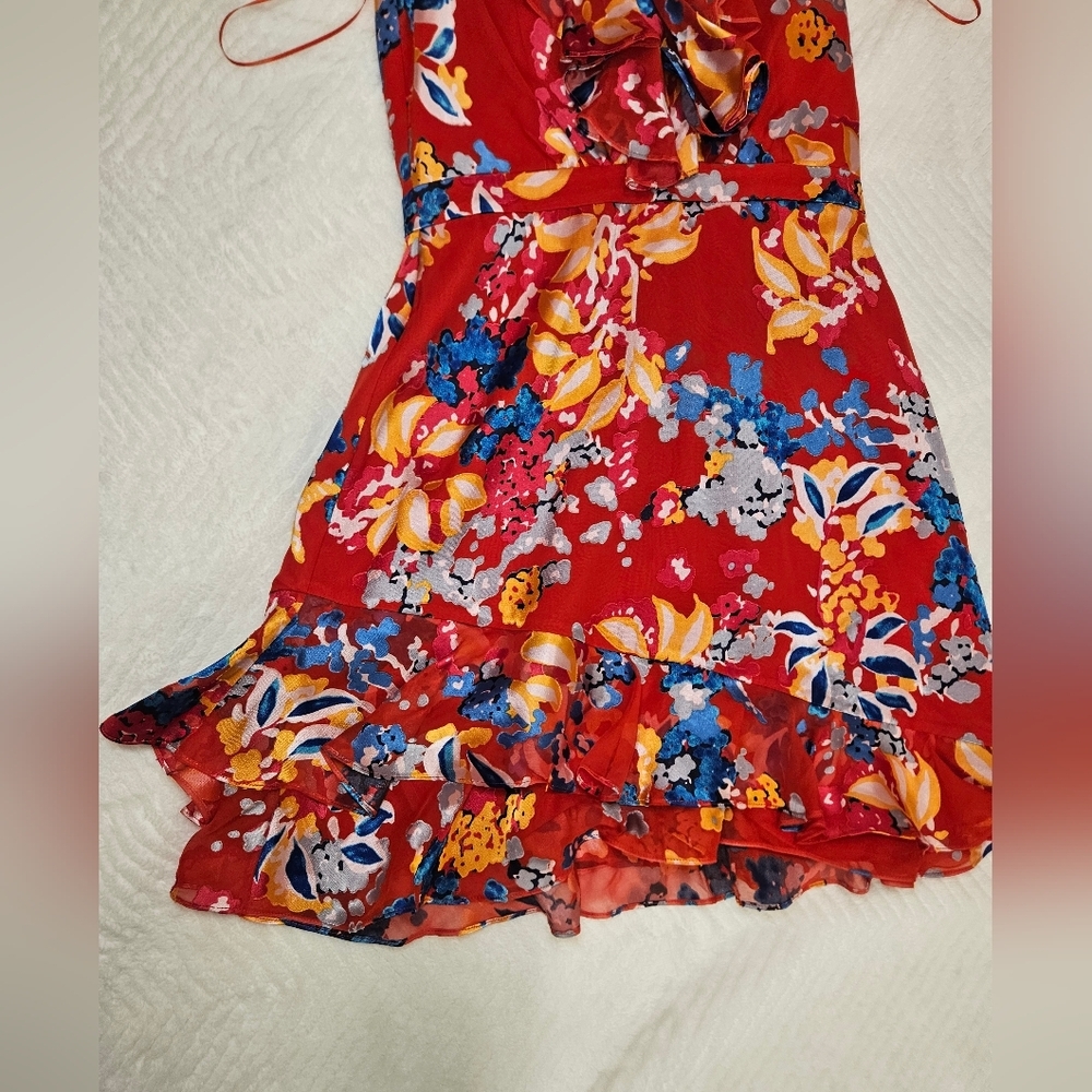 Saloni Cece Floral Print Ruffle Trim Dress in Coral Size 4 - Picture 6 of 9